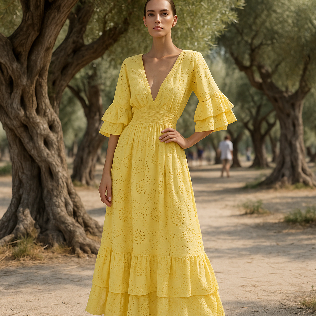 Maxi Dress | Women's Boho Evening Dress | Embroidered Ruffle Sleeve