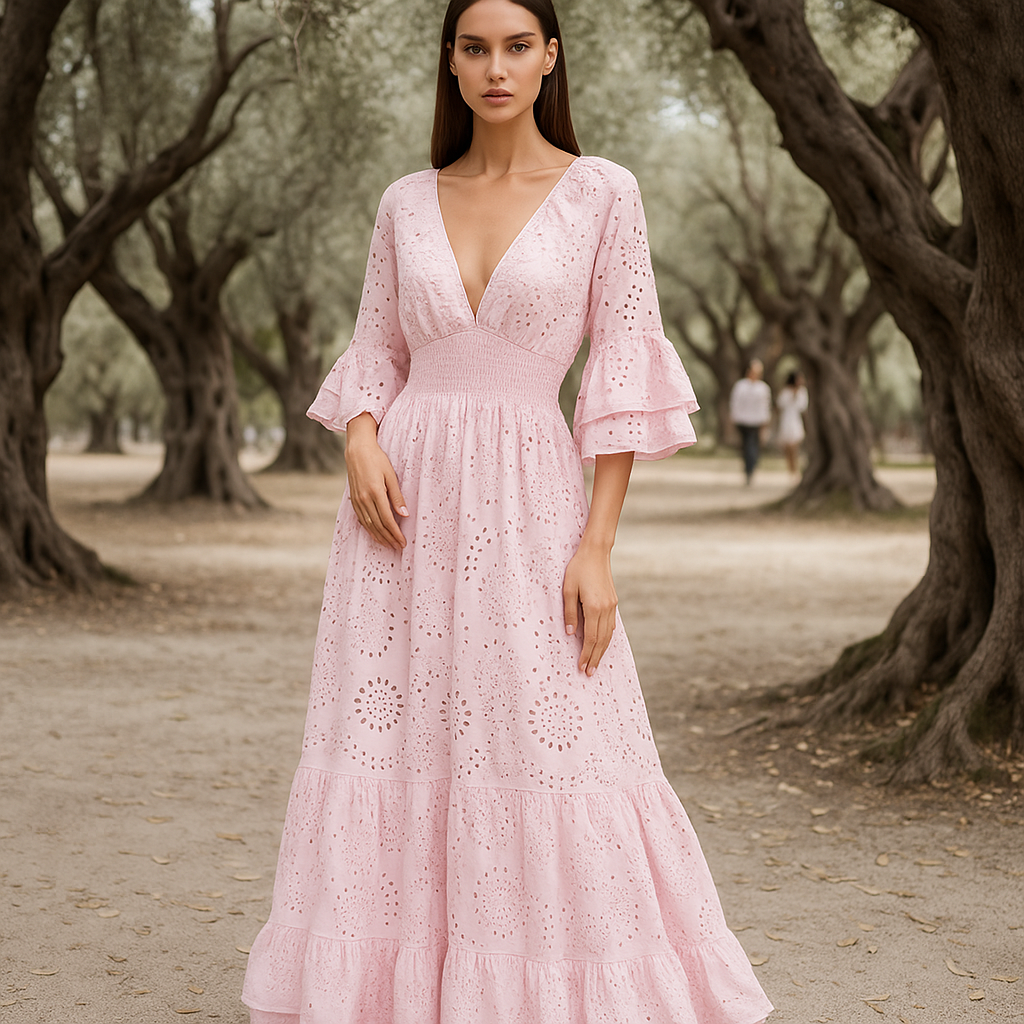 Maxi Dress | Women's Boho Evening Dress | Embroidered Ruffle Sleeve