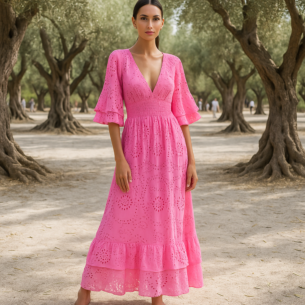 Maxi Dress | Women's Boho Evening Dress | Embroidered Ruffle Sleeve