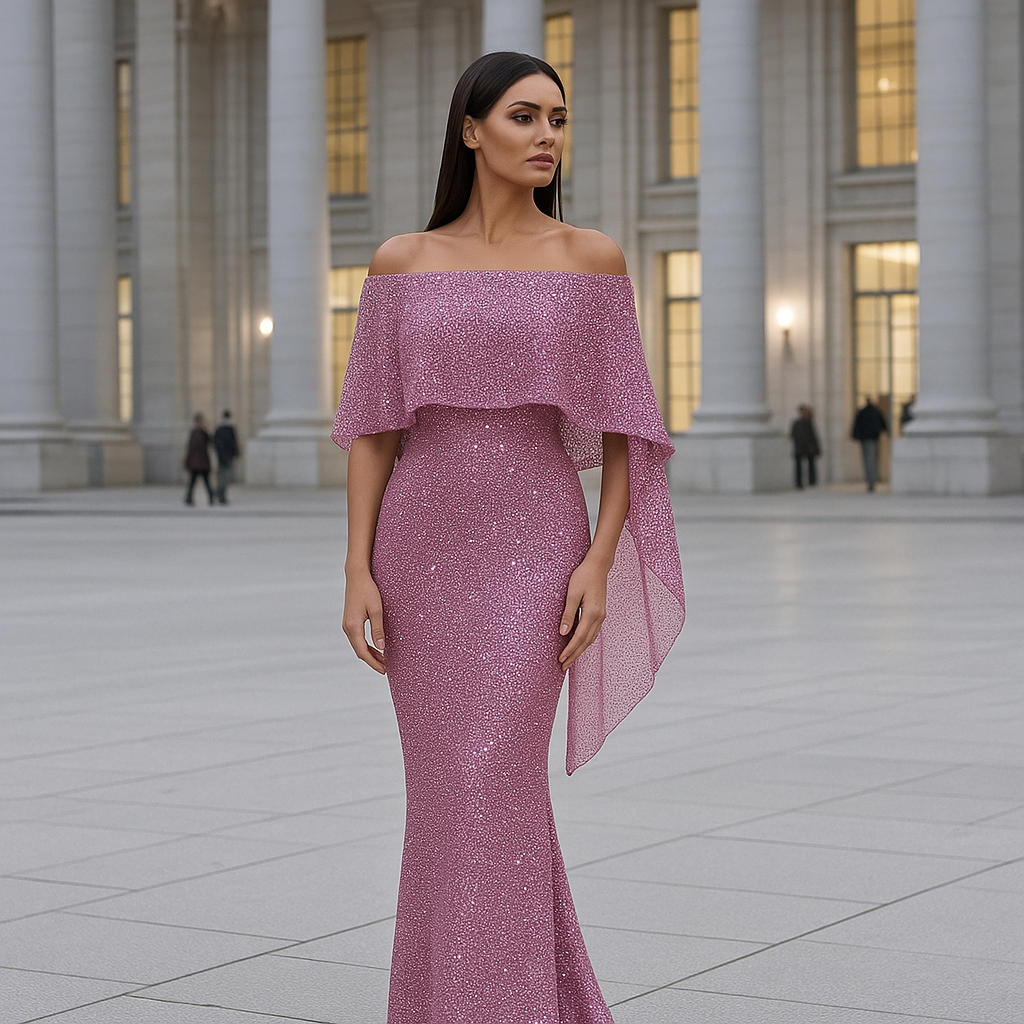 Maxi Dress | Women's Off Shoulder Evening Dress | Shimmer Detail
