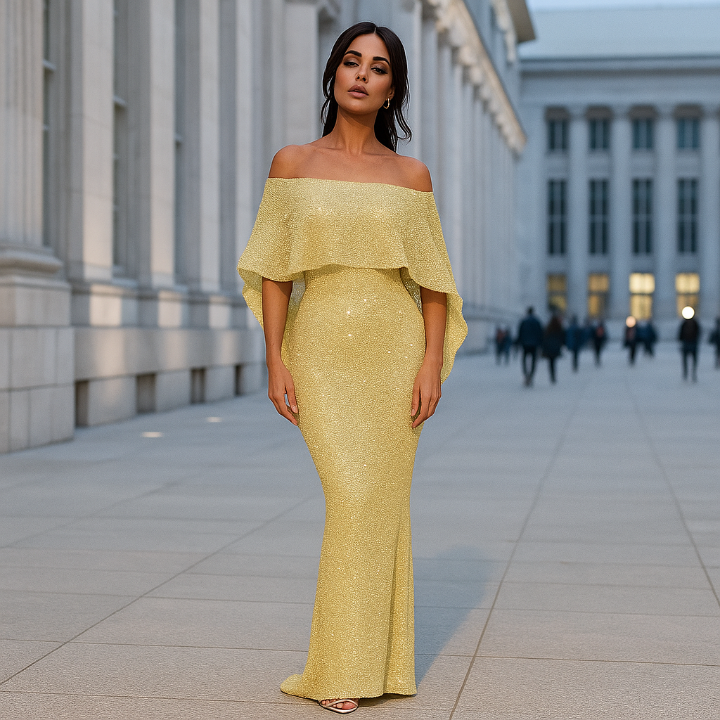 Maxi Dress | Women's Off Shoulder Evening Dress | Shimmer Detail