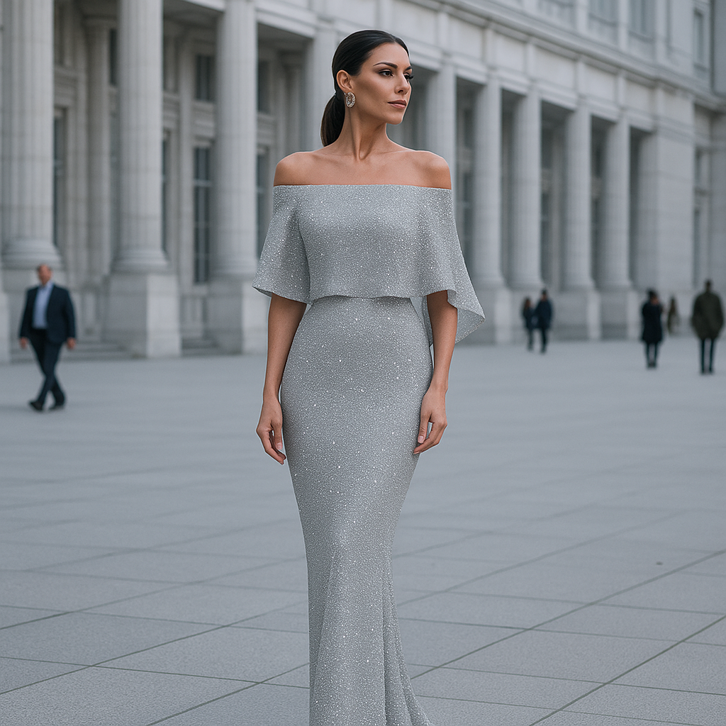 Maxi Dress | Women's Off Shoulder Evening Dress | Shimmer Detail