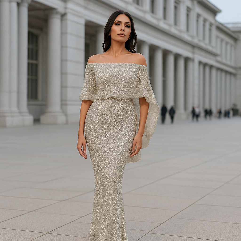 Maxi Dress | Women's Off Shoulder Evening Dress | Shimmer Detail