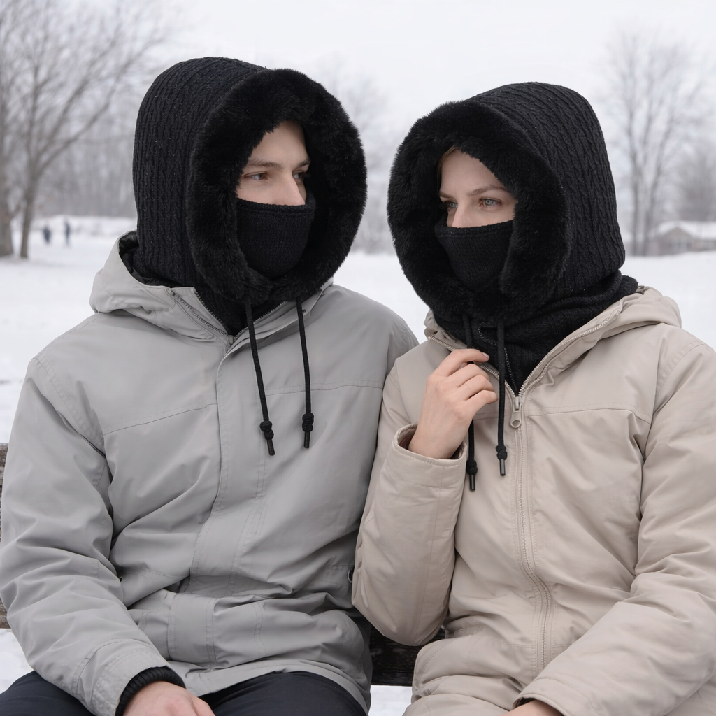 Balaclava Hoodie | Unisex Knit, Faux Fur Lined | Winter Face Cover