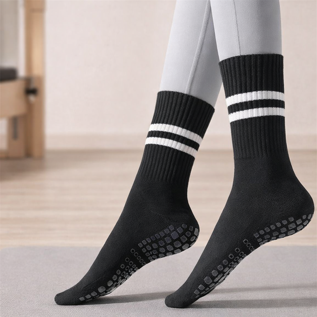 Pilates Socks | Women, Anti Slip Silicone Grip | Mid Calf, Double Strap