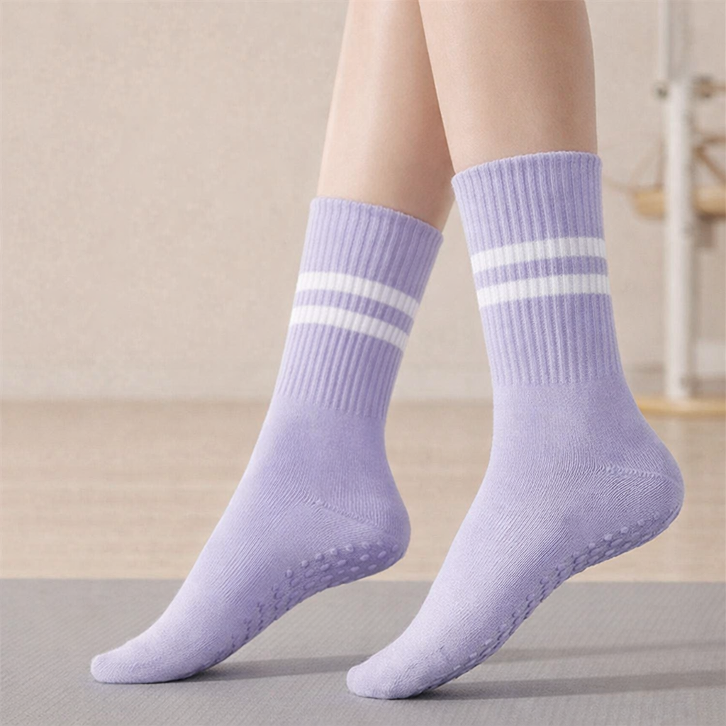 Pilates Socks | Women, Anti Slip Silicone Grip | Mid Calf, Double Strap