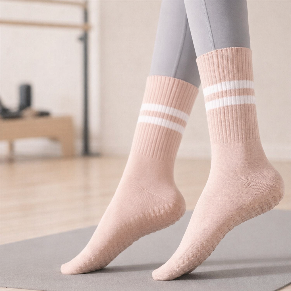 Pilates Socks | Women, Anti Slip Silicone Grip | Mid Calf, Double Strap