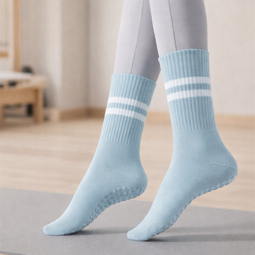 Pilates Socks | Women, Anti Slip Silicone Grip | Mid Calf, Double Strap