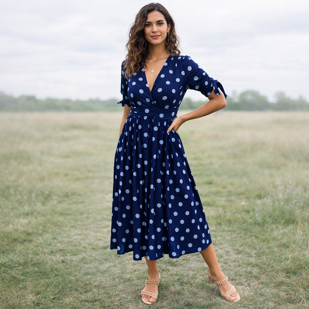 Polka Dot Dress Women V-Neck Button Front Style