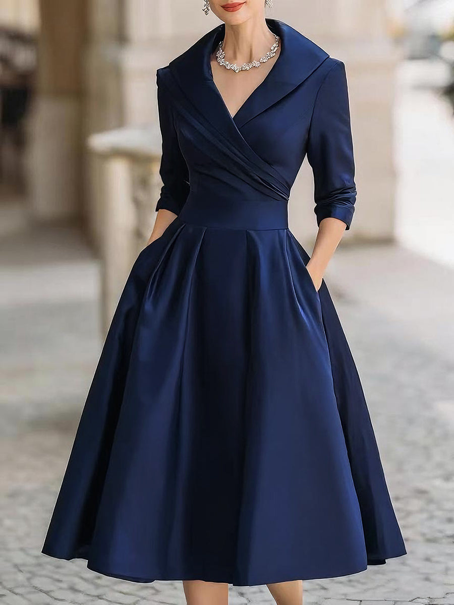 Evening Dress | Women's Wrap Collar, Midi Length | Elegant Style