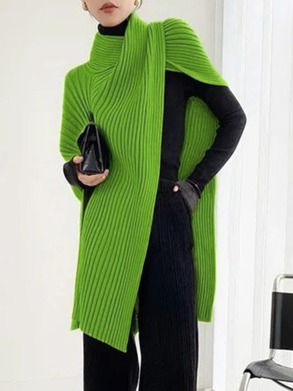 Women viscose knit sweater top asymmetric hem high neck loose fit