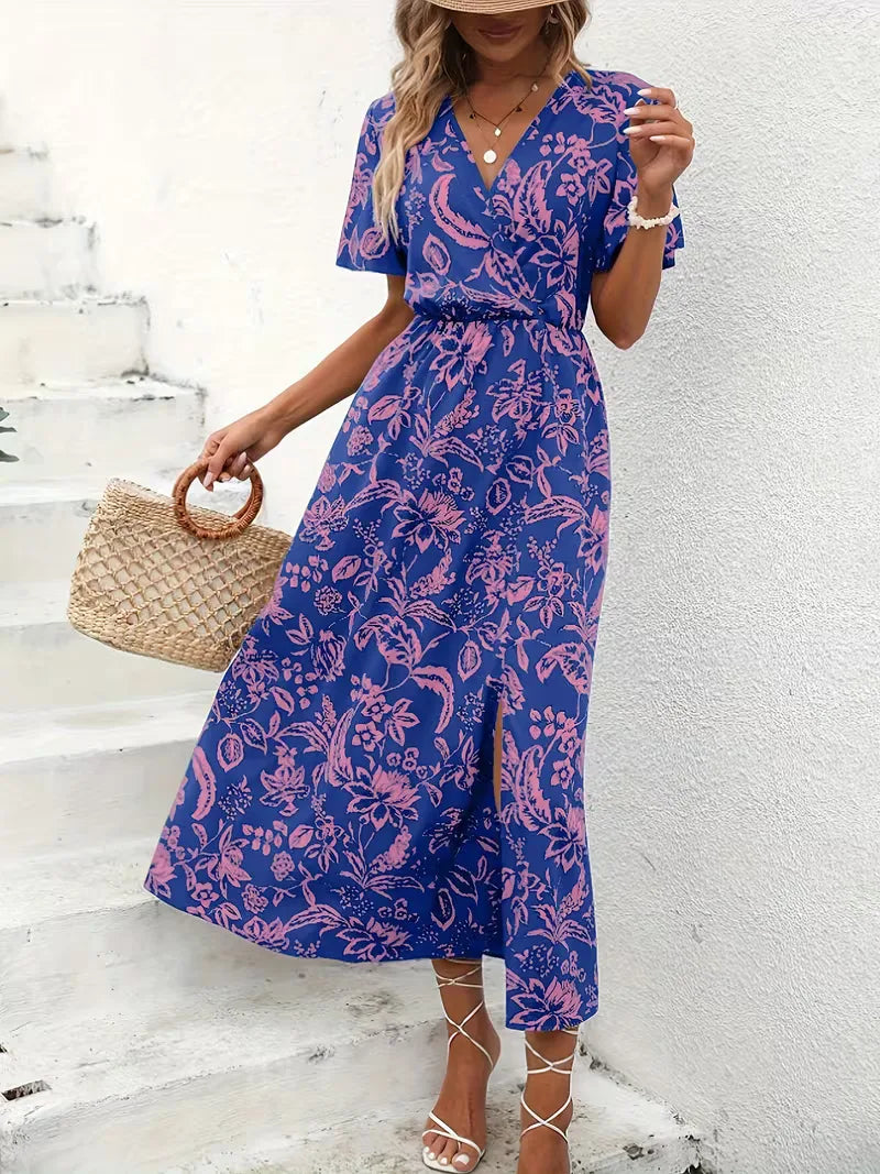 Floral Wrap Summer Dress | Bohemian, Midi, Short Sleeve