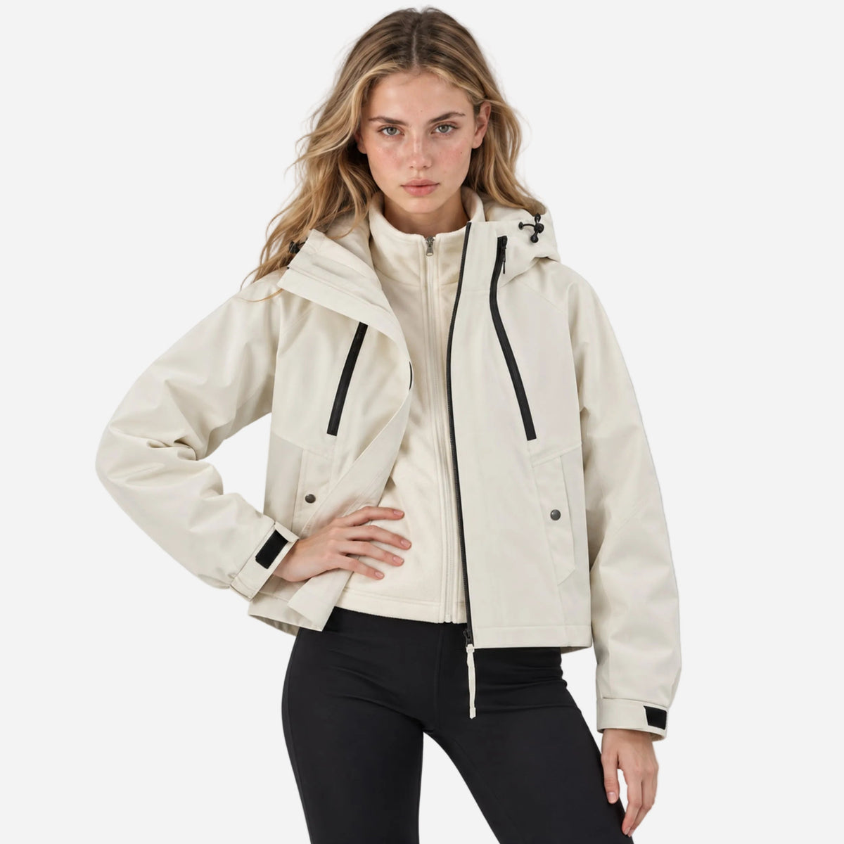 Women waterproof jacket hooded cropped with adjustable cuffs and zip closure