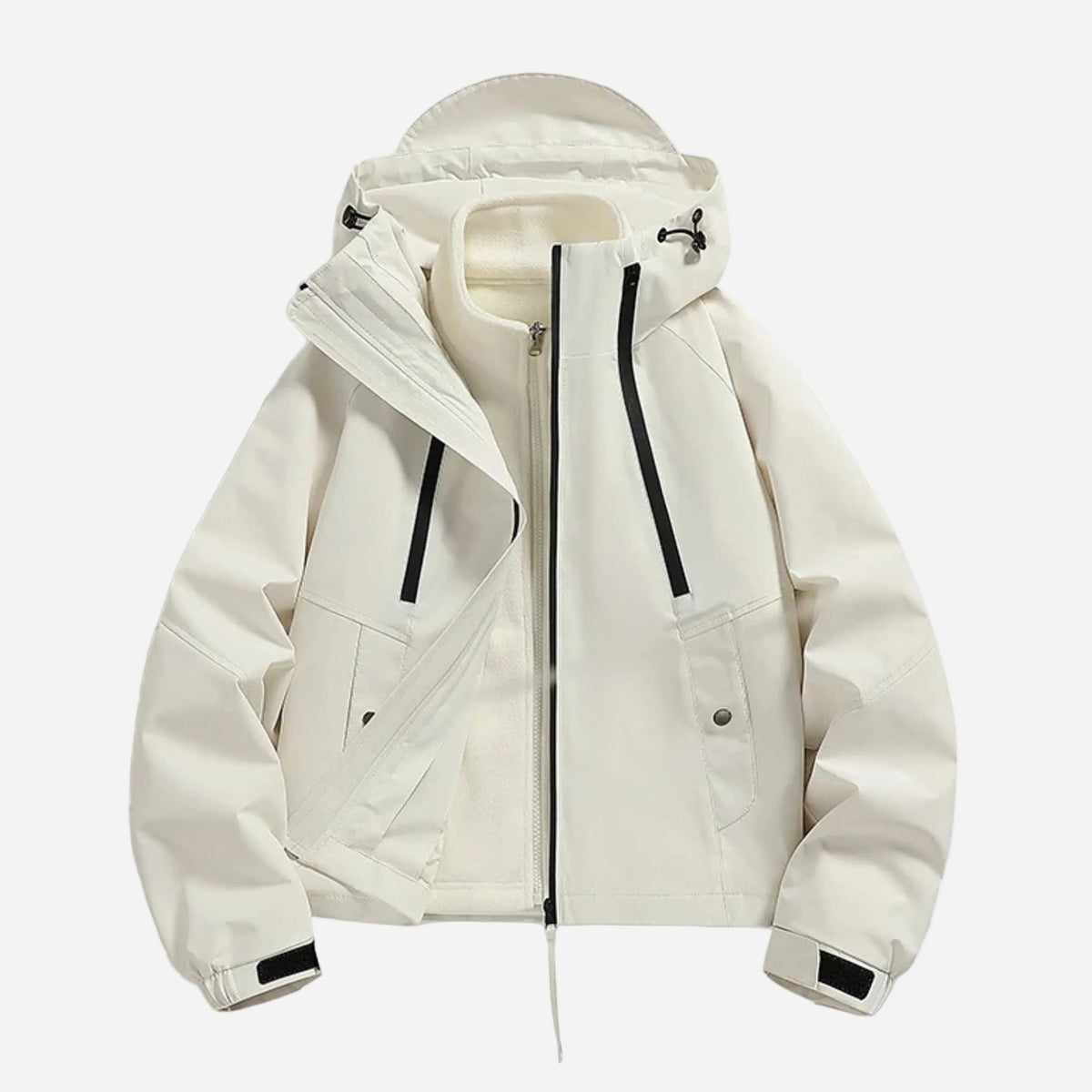 Women waterproof jacket hooded cropped with adjustable cuffs and zip closure