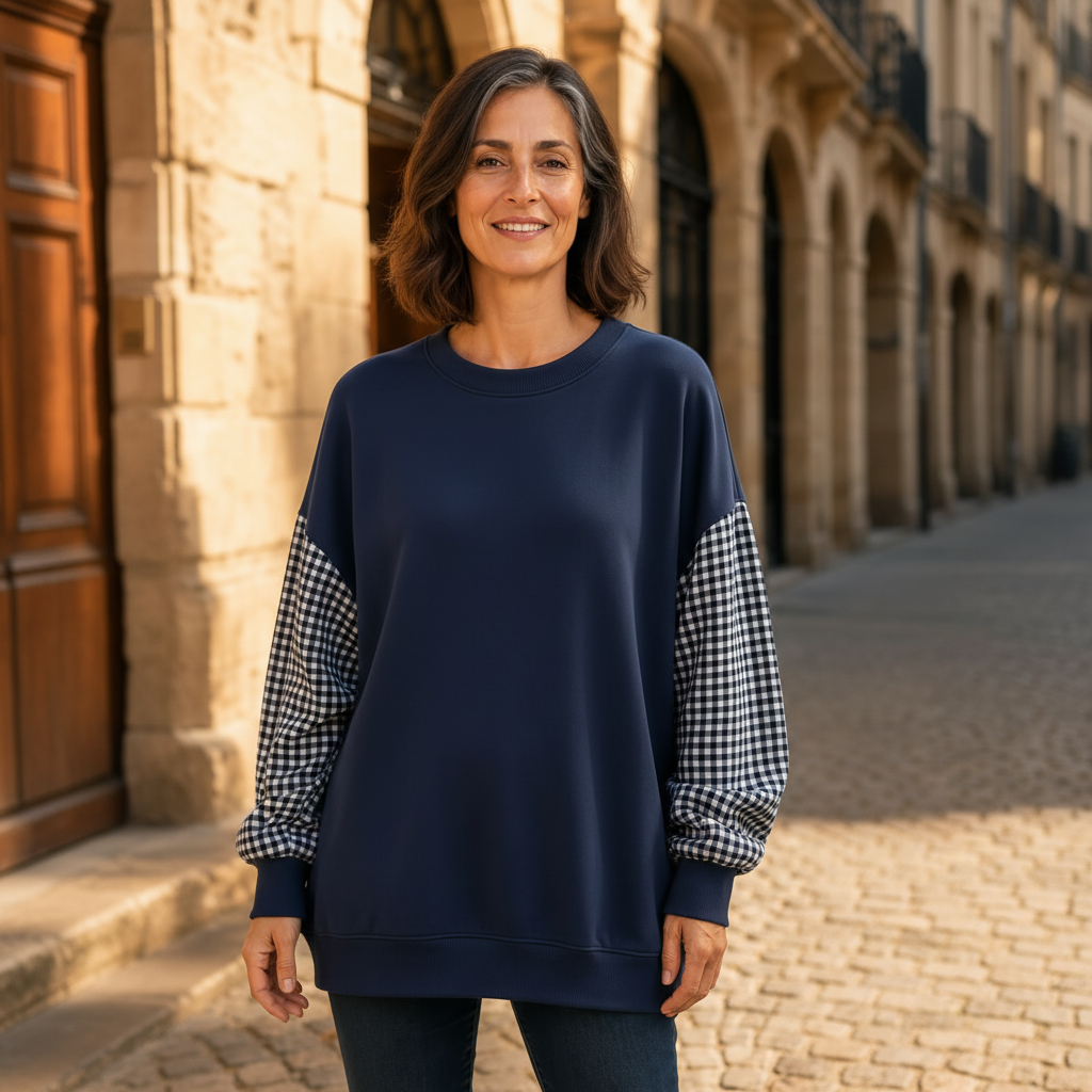Women patchwork plaid crew neck top relaxed fit in navy blue
