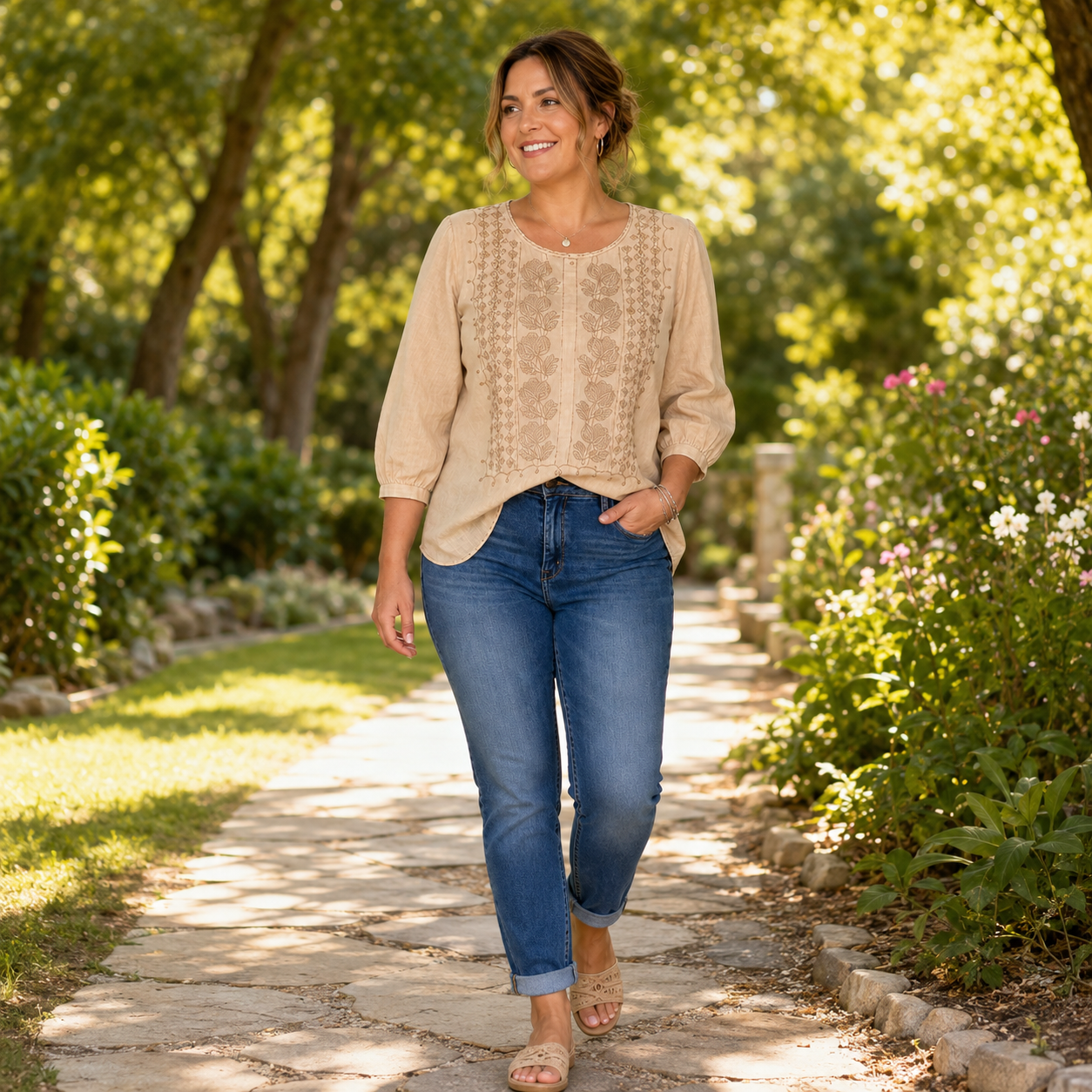 Women's Short Sleeve Shirt | Airy Viscose, Embroidered Detail | Summer