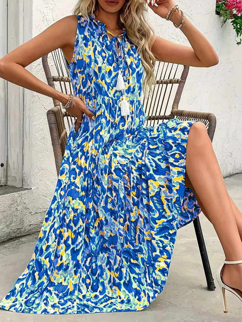 Linen Loose Summer Dress | Bohemian A-Line, V-Neck | Colorful