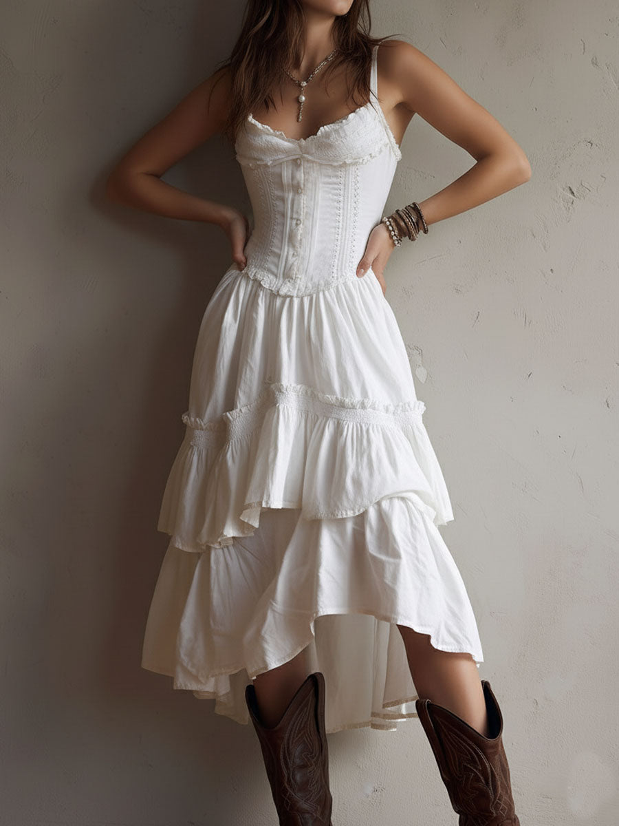 Midi Dress | Corset Bodice, Tiered Skirt | White Lace-Trim