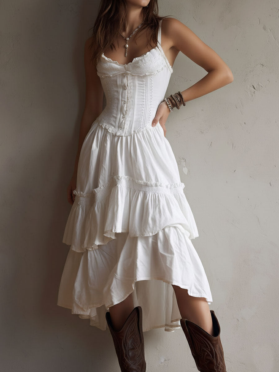 Midi Dress | Corset Bodice, Tiered Skirt | White Lace-Trim