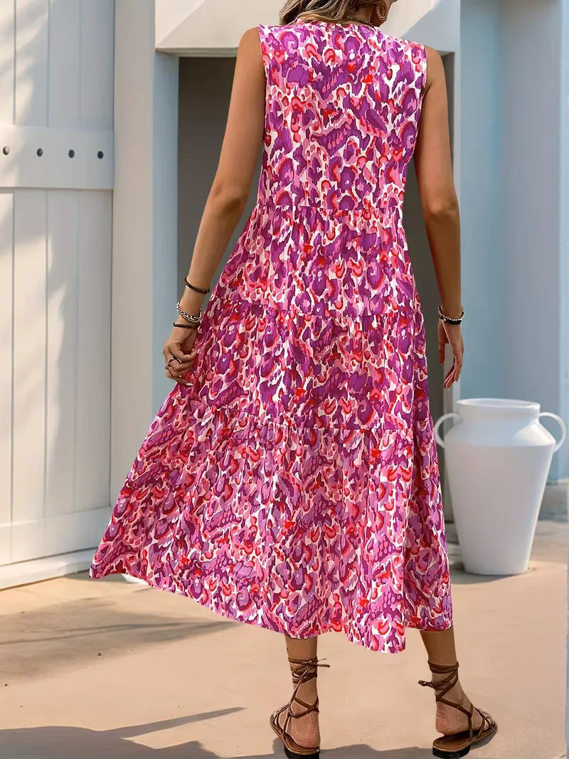 Linen Loose Summer Dress | Bohemian A-Line, V-Neck | Colorful