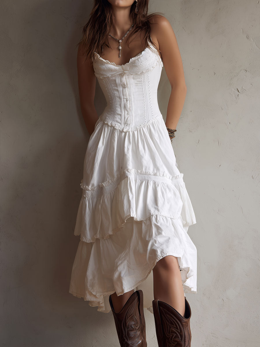 Midi Dress | Corset Bodice, Tiered Skirt | White Lace-Trim