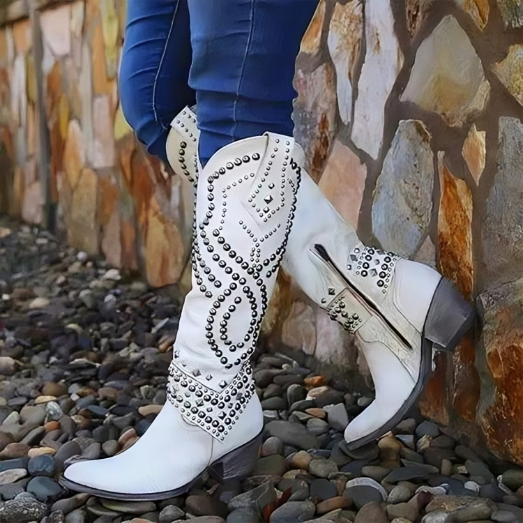 Womens knee high cowboy boots with pointed toe and mid block heel