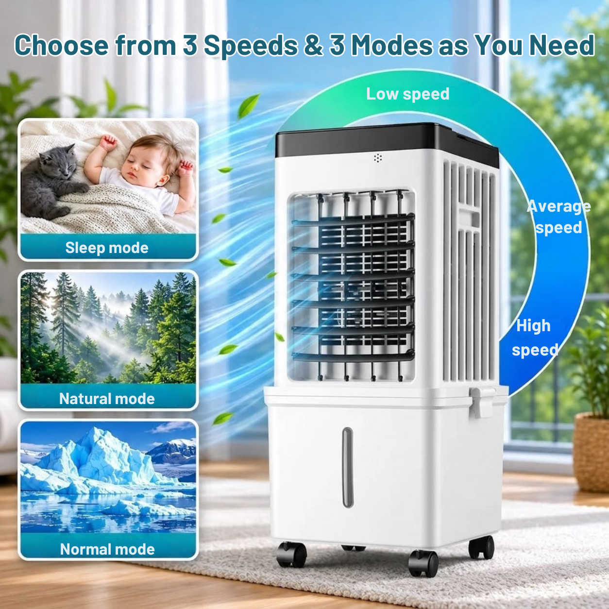Portable Air Conditioner | Evaporative Cooler, 3 Speeds | Remote Control, 12 h Timer
