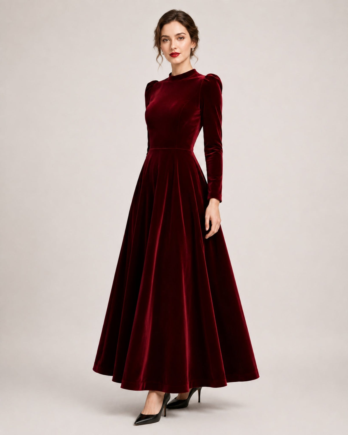 Women Velvet Midi Dress Long Sleeve A Line