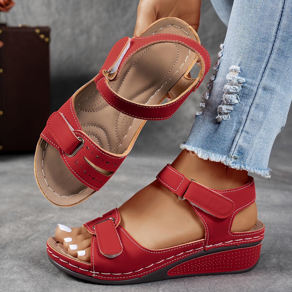 Women's Cushioned Leather Sandals | Adjustable Strap, PU Leather