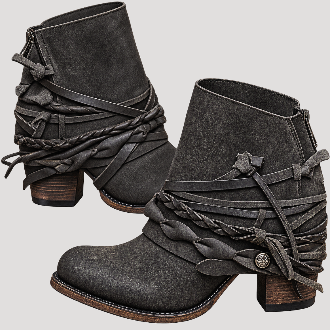 Women boho ankle boots wrap strap block heel in brown and grey