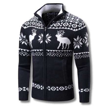 Mens full zip knitted jumper with jacquard print and stand collar for winter