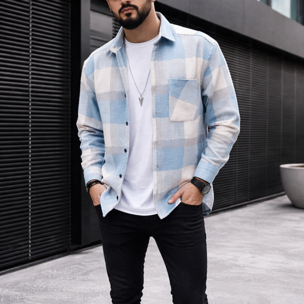 Blue Plaid Button-Up Shirt for Men | Stylish, Comfortable | Casual
