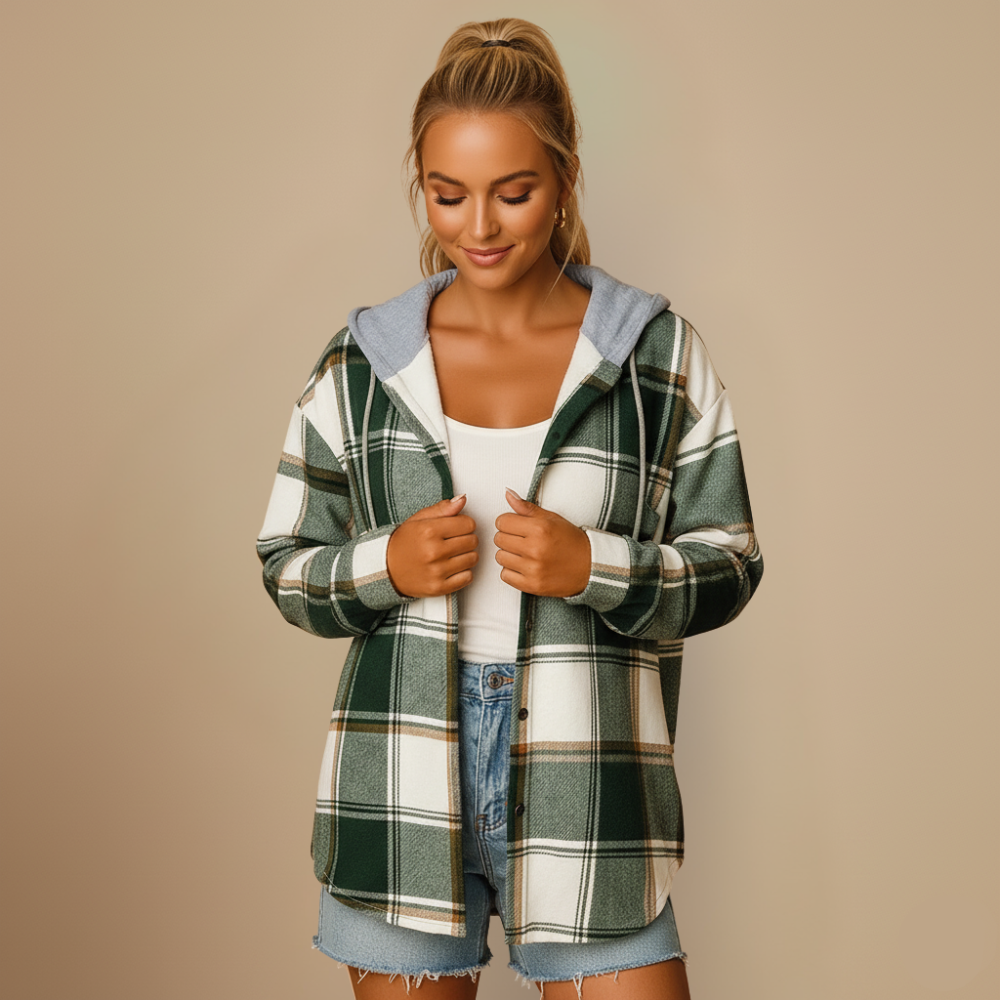 Plaid hooded jacket women relaxed fit with breathable fabric