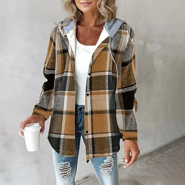Plaid hooded jacket women oversized winter coat with pockets