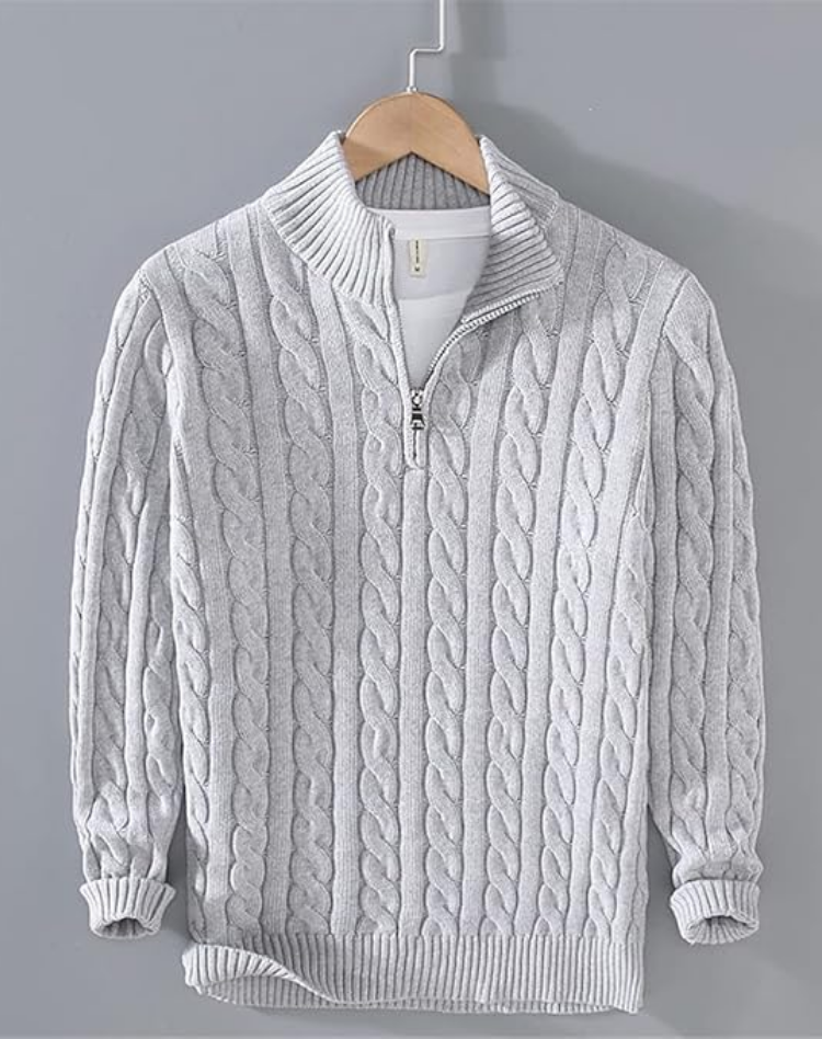 Men cable knit half zip sweater mock neck in classic textured pattern