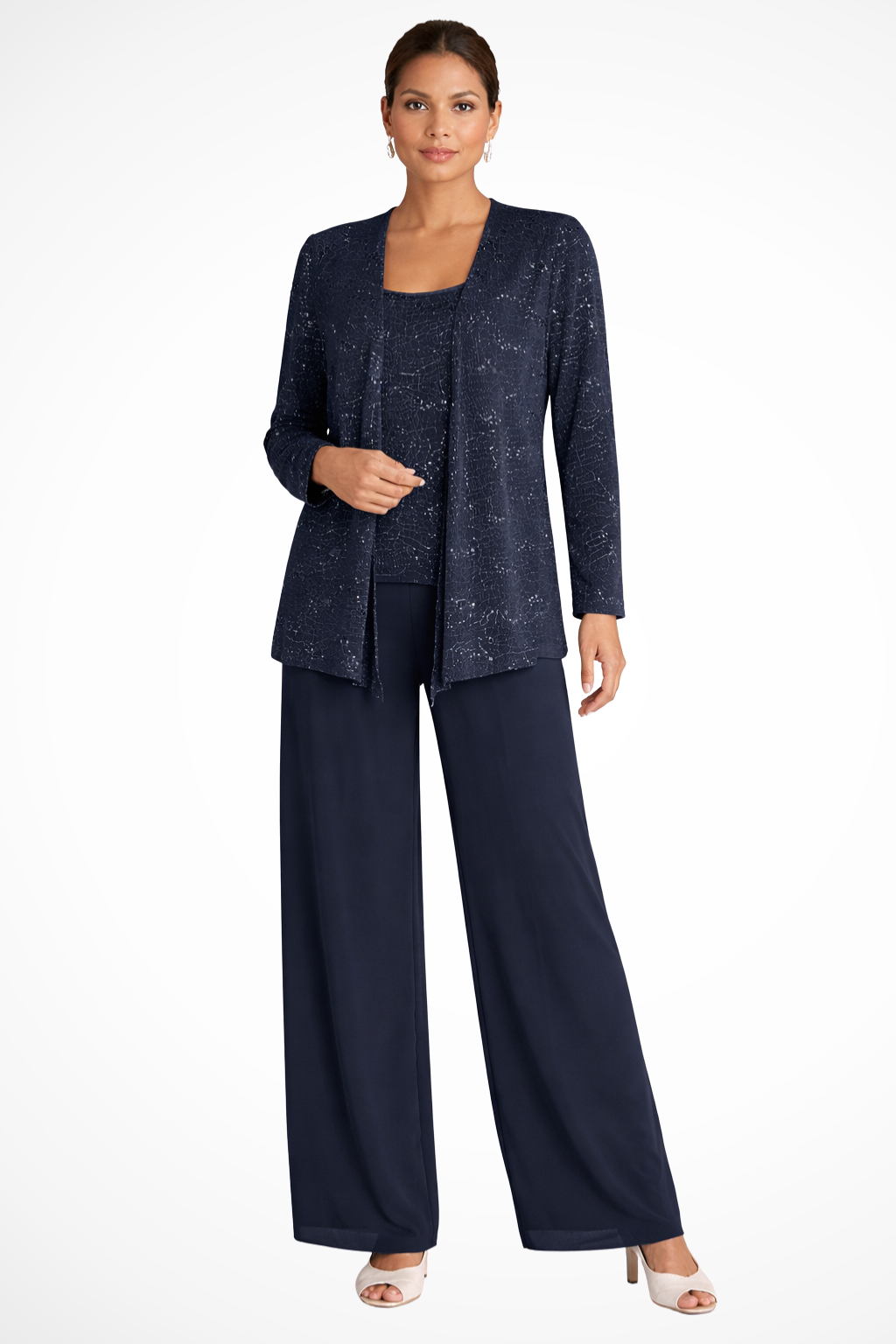 Women 3 piece sequin lace jacket wide leg trouser suit in silver for party and wedding