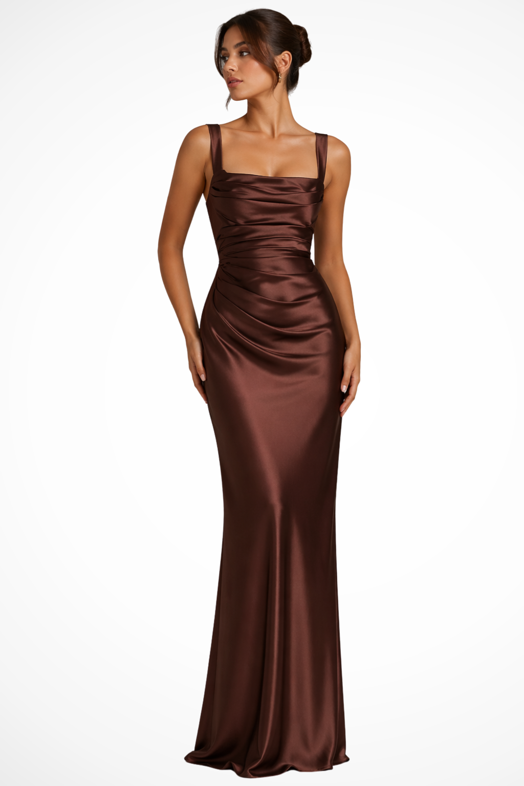Women satin maxi party dress square neck ruched bodice floor length