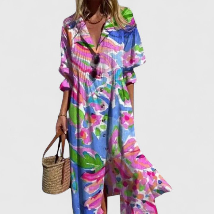 Women boho floral dress relaxed fit vibrant pattern multicolour