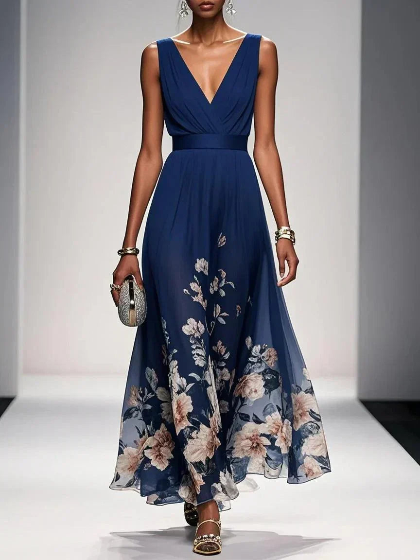 Women floral print maxi dress with V-neckline, flowing A-line silhouette