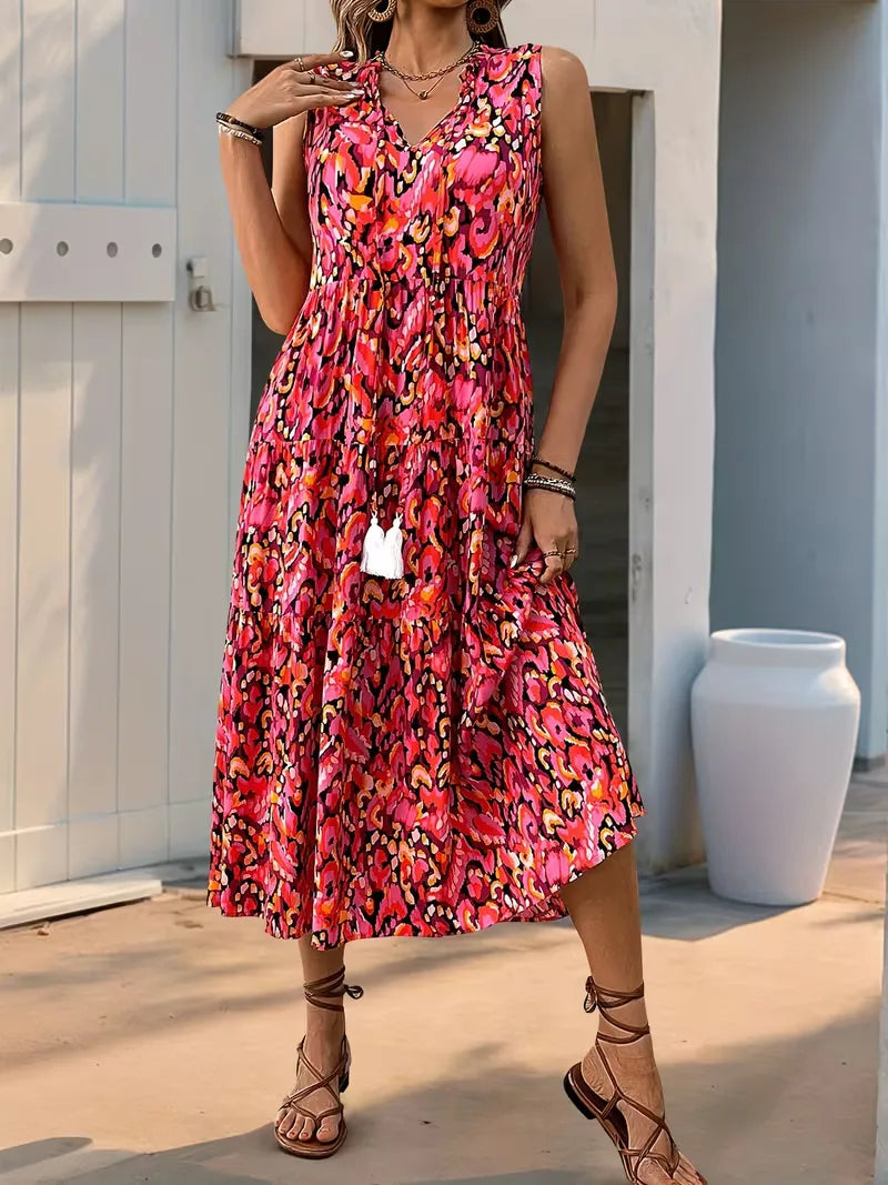 Linen Loose Summer Dress | Bohemian A-Line, V-Neck | Colorful