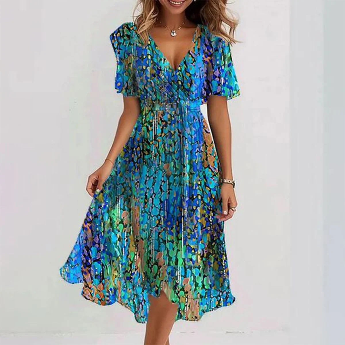 Evening Dress | Women V-Neck, Elegant Printed | Flowy Formal Gown