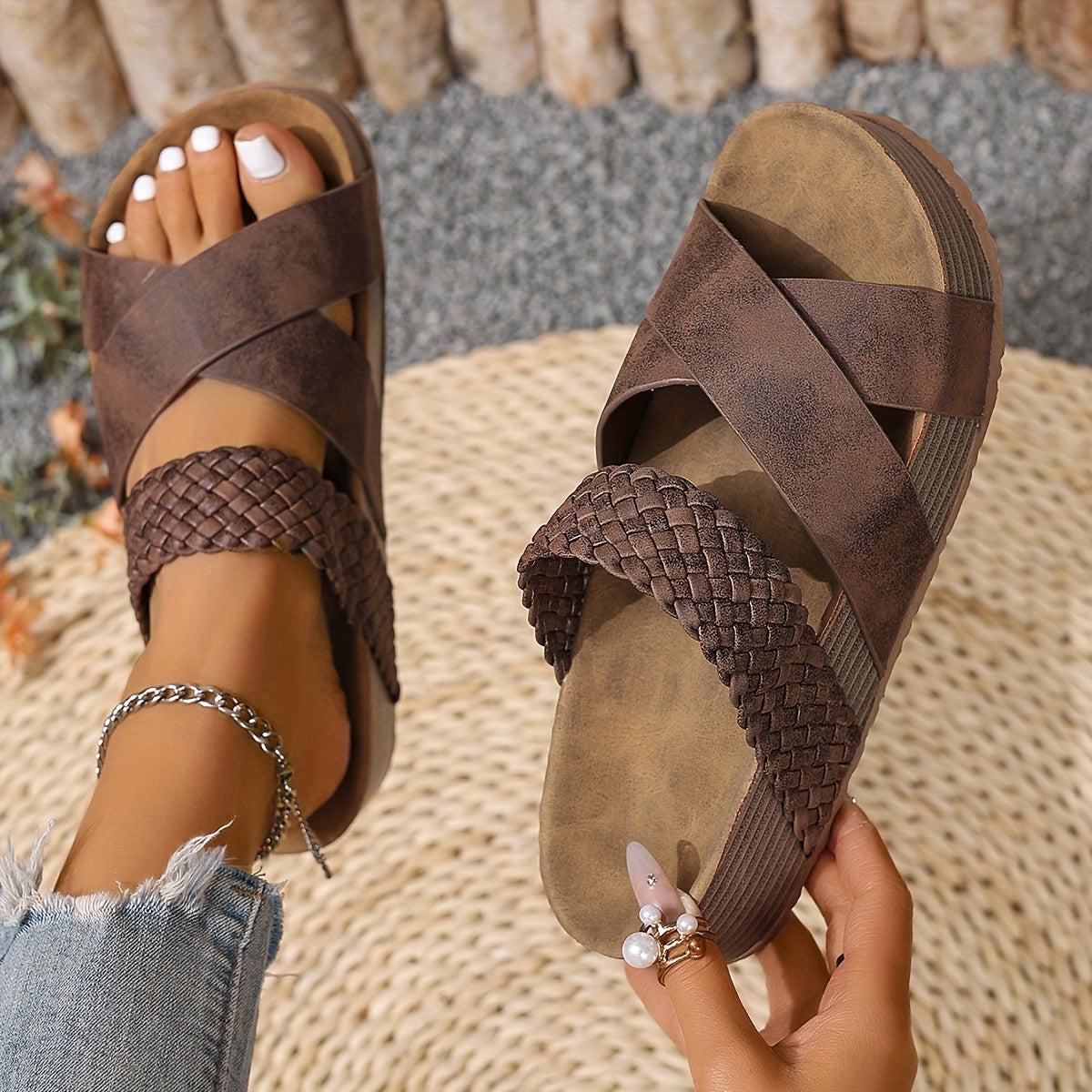 Women's Cushioned Sandals | Braided Straps, Platform Sole | Casual Summer