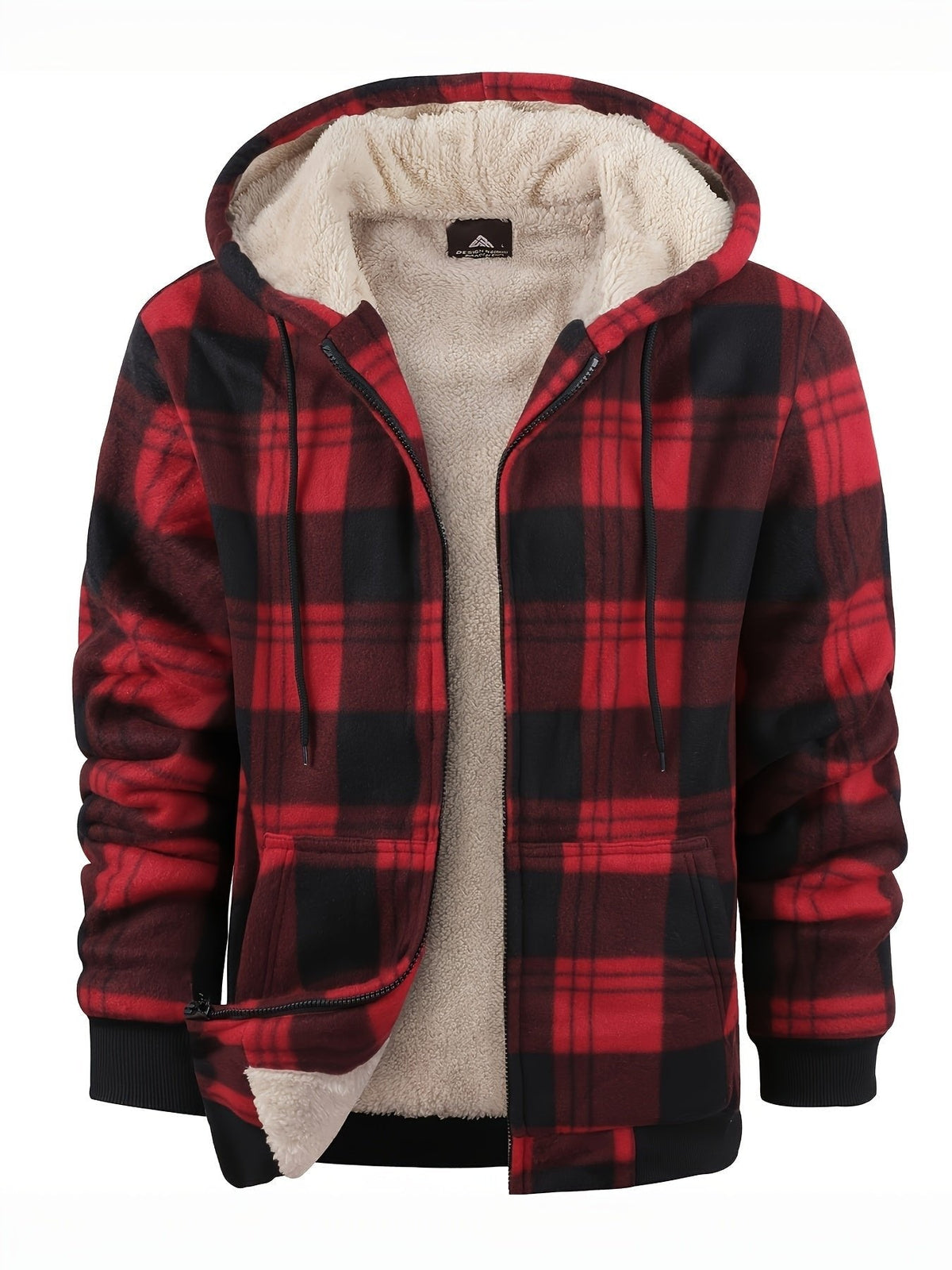 Plaid hooded jacket men lumberjack style with plush lining and front zip