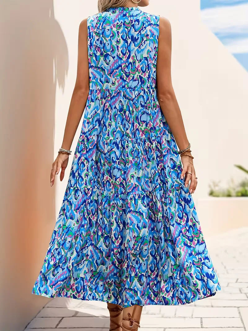 Linen Loose Summer Dress | Bohemian A-Line, V-Neck | Colorful