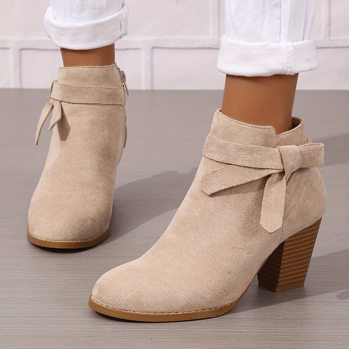 Women pointed toe block heel ankle boots with bow detail and side zip