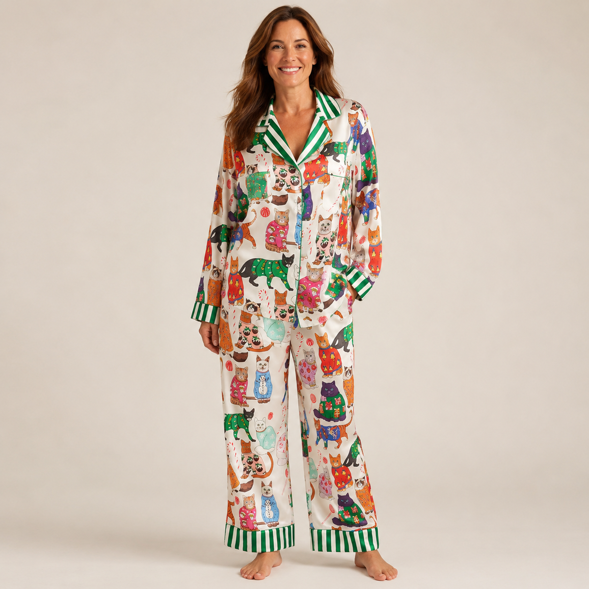 Womens satin Christmas pyjamas set with long sleeve top and full length pants