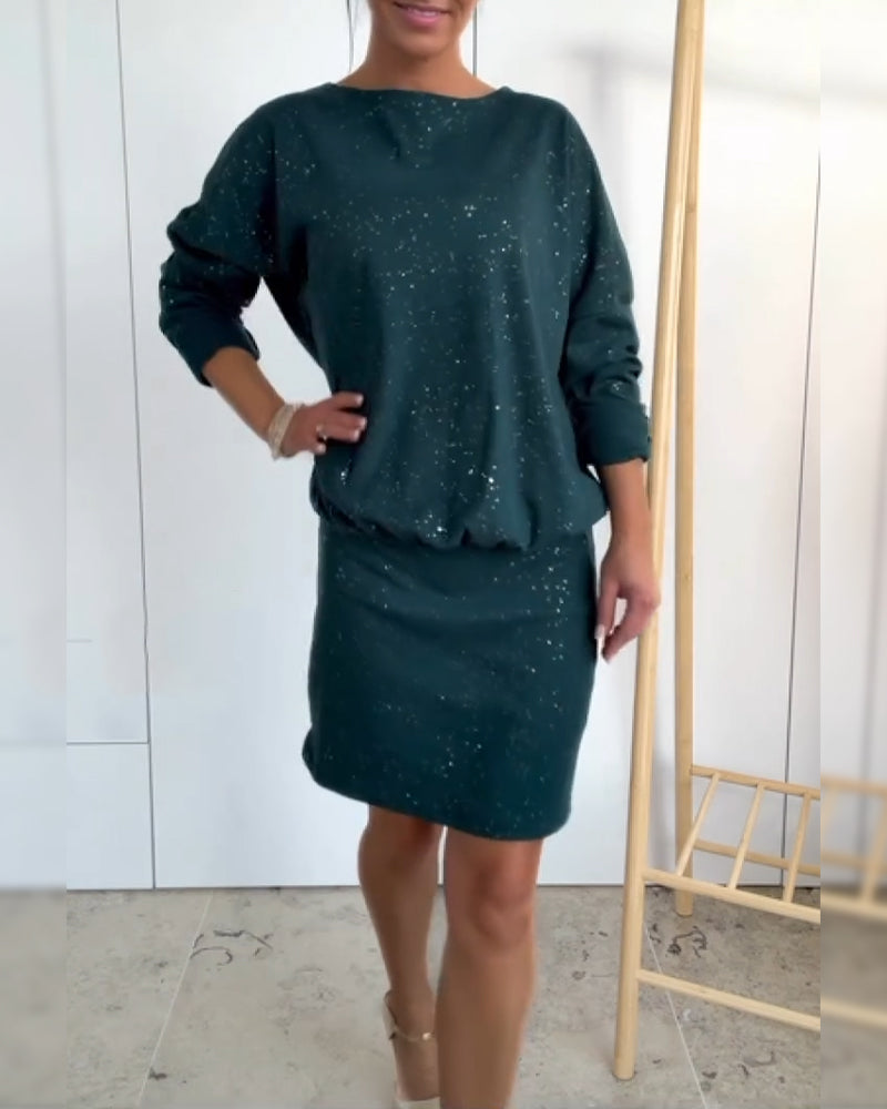 Christmas Party Dress | Women's Glitter Dress, Round Neck, Long Sleeves