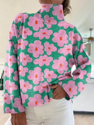 Women Floral Turtleneck Sweater Relaxed Fit