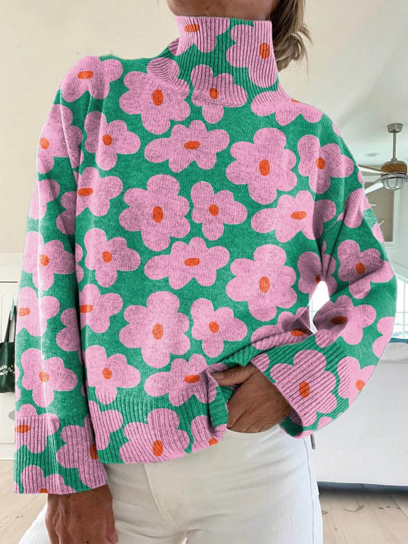 Women floral turtleneck sweater relaxed fit retro print knit pullover