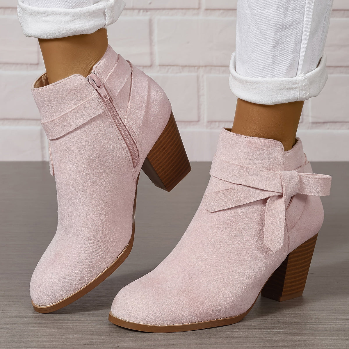 Women pointed toe block heel ankle boots with bow detail and side zip